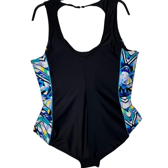 Catalina One Piece Swimsuit Black Floral Print 3X Slimming Racerback Side Stipes - Picture 2 of 9